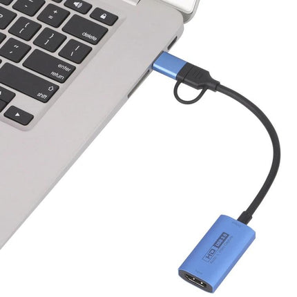High-Definition Video Capture Card for HDMI and USB-C Use connected to laptop USB-C port showing HDMI input adapter in blue