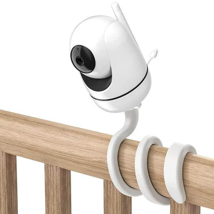 Versatile Flexible No-Drill Camera Bracket for Home Monitoring mounted wrapped around a crib rail holding a white home security camera