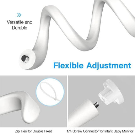 Versatile Flexible No-Drill Camera Bracket for Home Monitoring, white alloy flexible mount with 1/4" screw connector and zip-tie loop