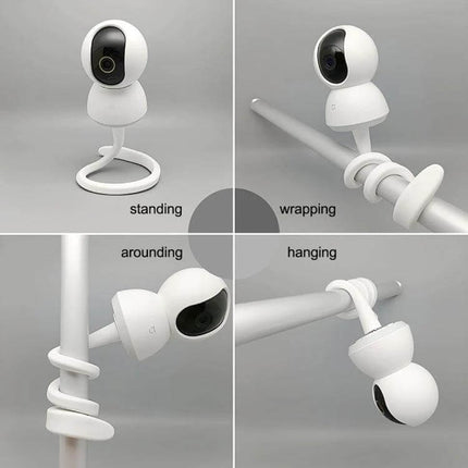 Versatile Flexible No-Drill Camera Bracket for Home Monitoring shown standing, wrapping, arounding and hanging on poles and surfaces