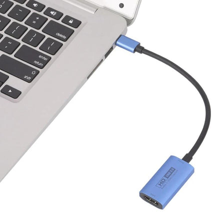 HDMI Female to USB-C Male Video Capture Card for Connecting Devices shown connected to a laptop for recording and streaming