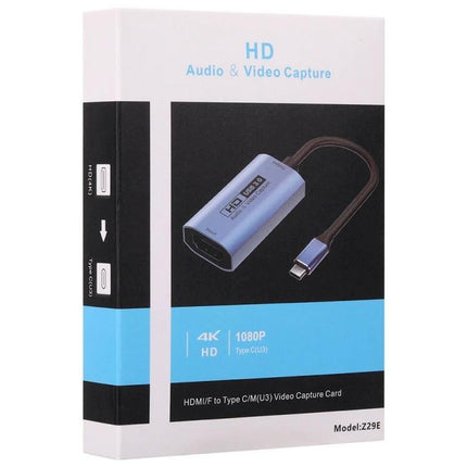 HDMI Female to USB-C Male Video Capture Card for Connecting Devices - blue capture adapter box showing USB-C cable and HDMI input