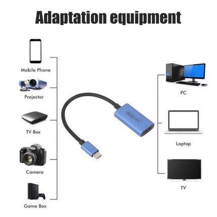HDMI Female to USB-C Male Video Capture Card for Connecting Devices - compact blue adapter connecting cameras, consoles, TVs to PC or laptop