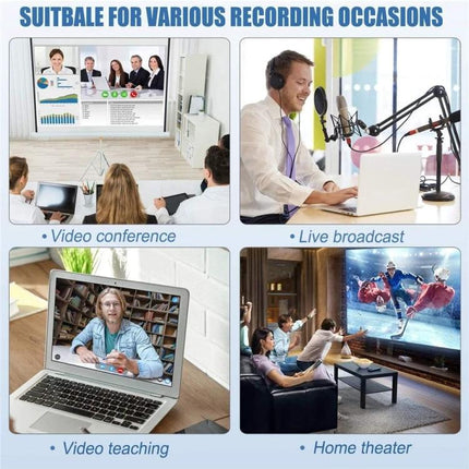 HDMI Female to USB-C Male Video Capture Card for Connecting Devices showing video conference, live broadcast, video teaching and home theater use