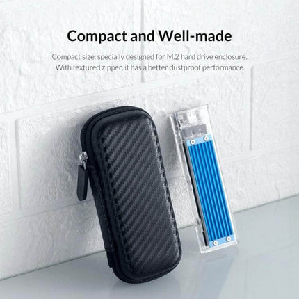 Orico Durable EVA Storage Bag for M.2 Hard Drive Protection showing compact black zippered case next to an M.2 drive enclosure