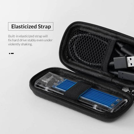 Orico Durable EVA Storage Bag for M.2 Hard Drive Protection showing elasticized strap securing an M.2 drive and cable inside compact case