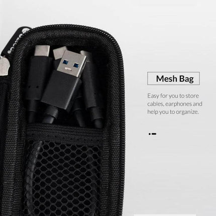 Orico Durable EVA Storage Bag for M.2 Hard Drive Protection showing mesh pocket with USB cables inside, compact lightweight protective case