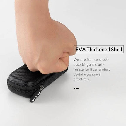 Orico Durable EVA Storage Bag for M.2 Hard Drive Protection showing hand pressing on EVA thickened shell for shock absorption and drop protection