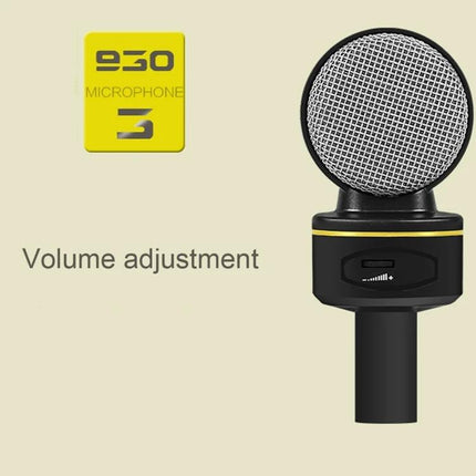 Mic for Daily Video Calls and Live Broadcasts at Home condenser microphone with volume adjustment knob shown on black and yellow desktop mic