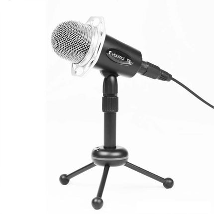 Microphone for Everyday Online Chats and Home Recording on compact desktop stand, condenser mic angled for clear voice capture