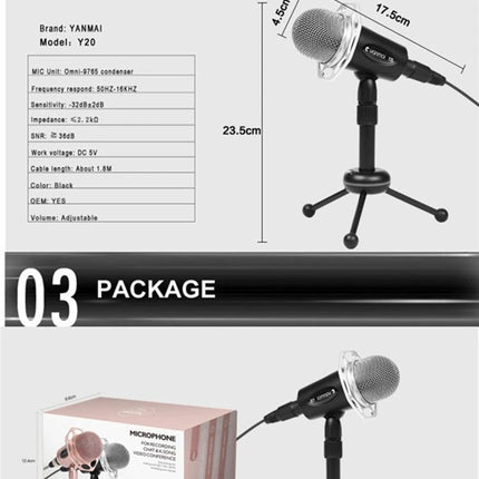 Microphone for Everyday Online Chats and Home Recording shown with tripod stand, dimensions and packaging views