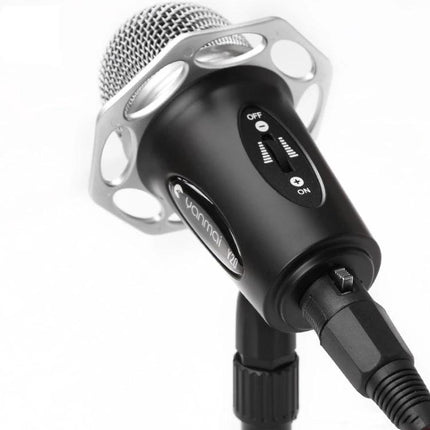 Microphone for Everyday Online Chats and Home Recording - black condenser mic on stand with on/off switch and pop filter