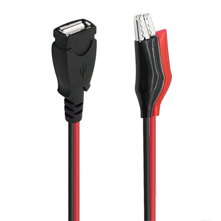 USB-A to Dual Crocodile Clip Power Extension Cable, 0.5m showing USB-A female connector and red/black crocodile clips