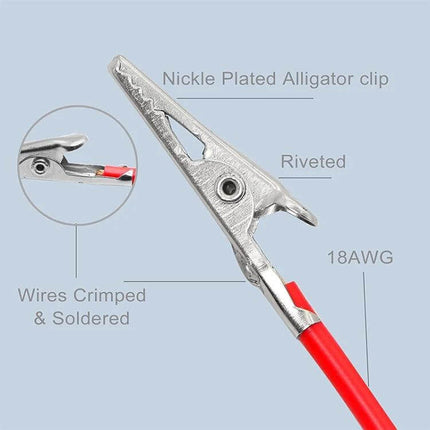 USB-A to Dual Crocodile Clip Power Extension Cable, 0.5m showing nickel-plated alligator clip, 18AWG red wire, riveted joint and crimped soldered connection