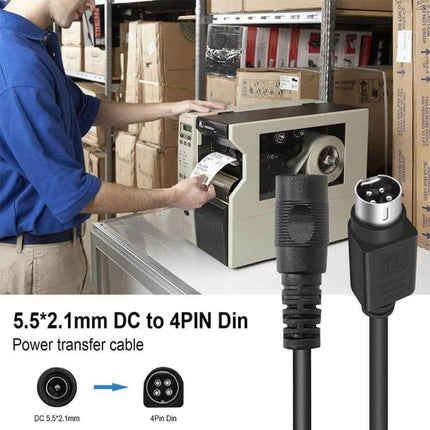 Short 4 Pin DIN to DC Power Adapter Cable, 15cm Length - compact 4-pin DIN to 5.5x2.1mm DC power transfer cable for printers and devices