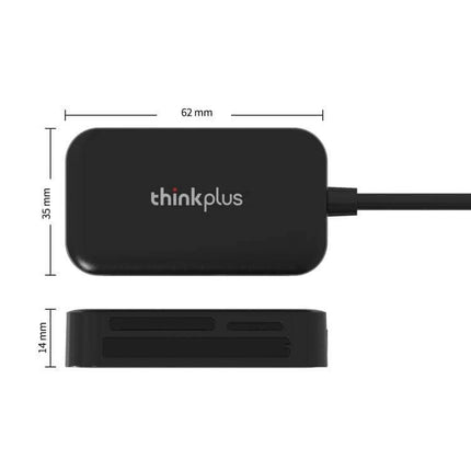 Lenovo ThinkPlus 3-in-1 USB Card Reader for SD, TF, and CF Cards compact black reader with cable and card slots, dimensions shown