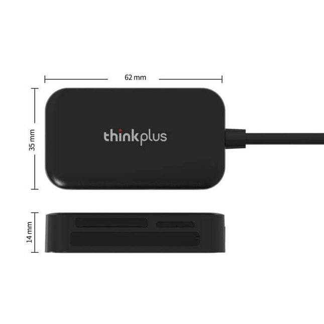 Lenovo ThinkPlus 3-in-1 USB Card Reader for SD, TF, and CF Cards compact black reader with cable and card slots, dimensions shown