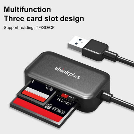 Lenovo ThinkPlus 3-in-1 USB Card Reader for SD, TF, and CF Cards compact black reader with SD TF CF cards and USB cable