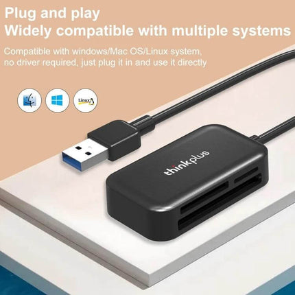 Lenovo ThinkPlus 3-in-1 USB Card Reader for SD, TF, and CF Cards compact black plug-and-play reader with USB-A cable