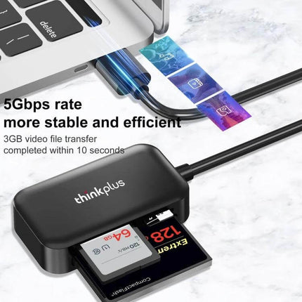 Lenovo ThinkPlus 3-in-1 USB Card Reader for SD, TF, and CF Cards compact black reader connected to laptop showing SD and CF cards