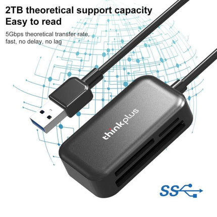 Lenovo ThinkPlus 3-in-1 USB Card Reader for SD, TF, and CF Cards compact black USB card reader showing SD, TF, CF slots and USB-A cable