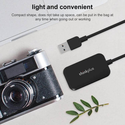 Lenovo ThinkPlus 3-in-1 USB Card Reader for SD, TF, and CF Cards shown next to camera and USB cable for portable photo file transfers