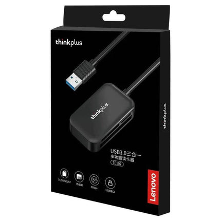 Lenovo ThinkPlus 3-in-1 USB Card Reader for SD, TF, and CF Cards compact black card reader with USB-A cable and SD/TF/CF slots