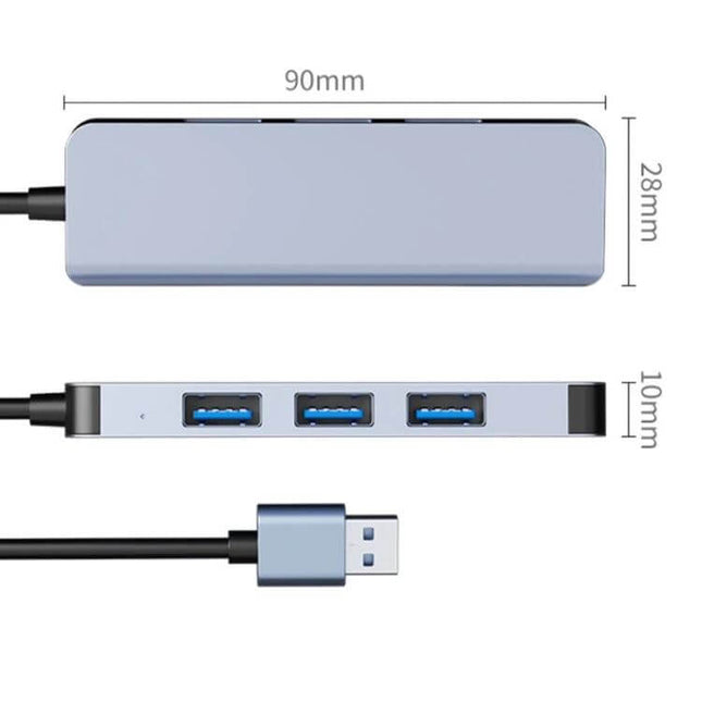 Four-Port USB Hub for Connecting Multiple Devices — compact 90x28x10mm aluminum hub with four USB ports and cable, ideal for laptop peripherals and data transfer