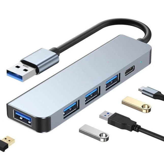 Compact 5-Port USB Hub for Connecting Multiple Devices metal travel-friendly USB hub with four blue USB-A ports and USB-C port