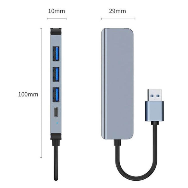 Compact 5-Port USB Hub for Connecting Multiple Devices slim metal design with three USB-A ports and one USB-C port shown with dimensions