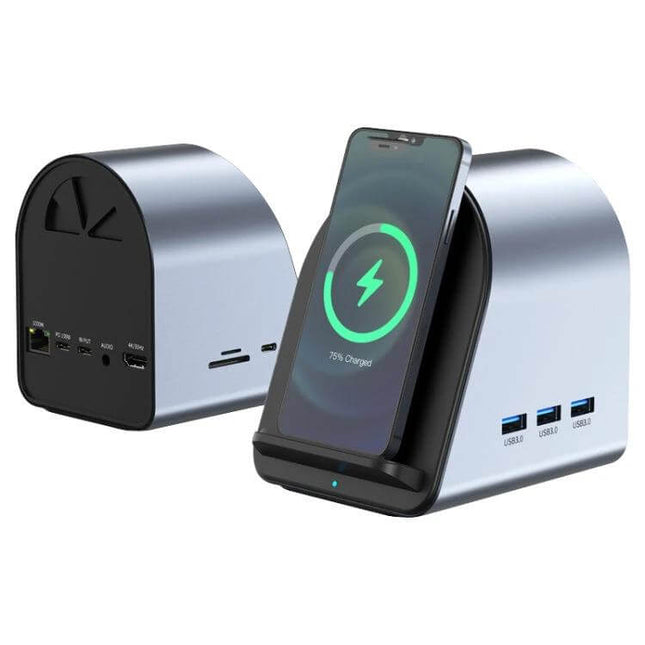USB-C 10-in-1 Hub Adapter for Computer Connectivity and Charging shown with wireless phone charging stand, multiple USB ports, SD slot, and Ethernet