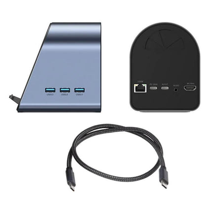 USB-C 10-in-1 Hub Adapter for Computer Connectivity and Charging showing angled hub with USB ports, Ethernet, HDMI and braided USB-C cable
