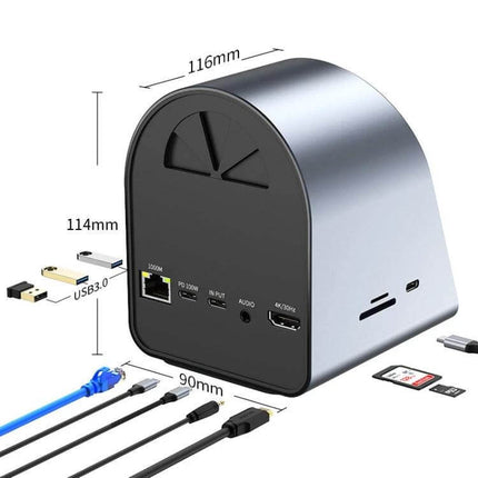 USB-C 10-in-1 Hub Adapter for Computer Connectivity and Charging shown with multiple ports, SD slot, HDMI and Ethernet for docking and charging