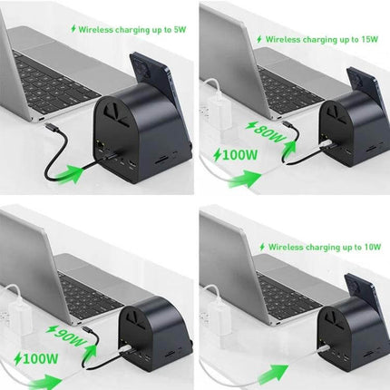 USB-C 10-in-1 Hub Adapter for Computer Connectivity and Charging shown connected to laptop with wireless charging and multiple device ports