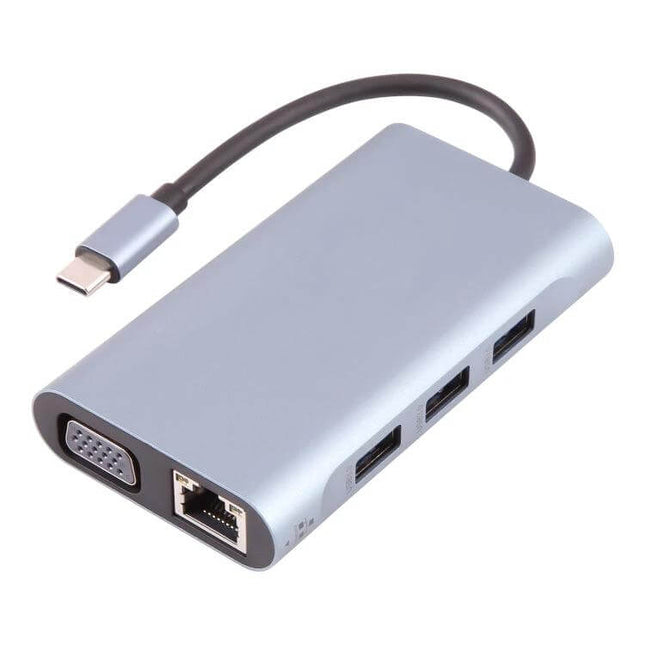 Compact USB-C 7-in-1 Docking Station for Travel and Work Connectivity in silver with VGA, Ethernet and USB ports for portable laptop setup