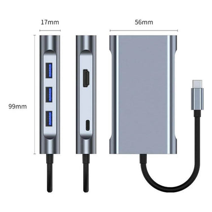 Compact USB-C 7-in-1 Docking Station for Travel and Work Connectivity - compact aluminum hub with USB, HDMI, Ethernet ports and attached USB-C cable