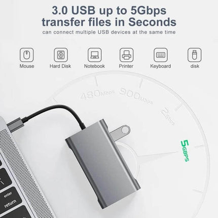 Compact USB-C 7-in-1 Docking Station for Travel and Work Connectivity - compact aluminum hub showing USB 3.0 ports and laptop connection