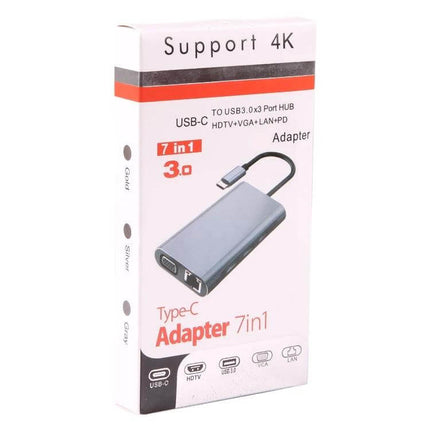 Compact USB-C 7-in-1 Docking Station for Travel and Work Connectivity — compact Type-C adapter box showing 7-in-1 ports and 4K support