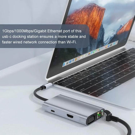 BYL 7-in-1 USB-C Docking Station for Everyday Connectivity showing laptop connected with HDMI, Ethernet and USB ports