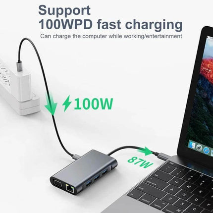 BYL 7-in-1 USB-C Docking Station for Everyday Connectivity showing 100W charging, HDMI, USB and Ethernet connected to a laptop