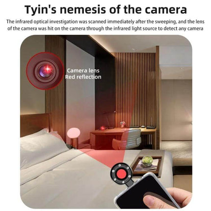 Portable Infrared Scanner for Detecting Hidden Cameras in Hotels scanning a hotel room showing red camera lens reflection