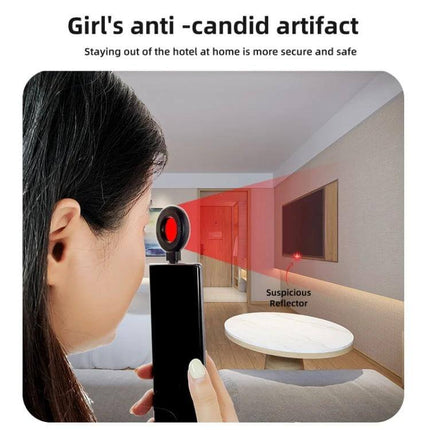 Portable Infrared Scanner for Detecting Hidden Cameras in Hotels held near hotel room mirror to reveal suspicious reflector
