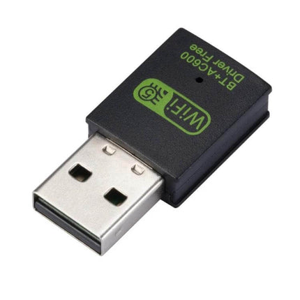 Dual Bluetooth and WiFi USB Adapter for Wireless Connectivity compact USB dongle showing metal connector and black plastic body