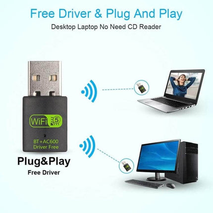 Dual Bluetooth and WiFi USB Adapter for Wireless Connectivity compact plug-and-play USB dongle showing laptop and desktop connection