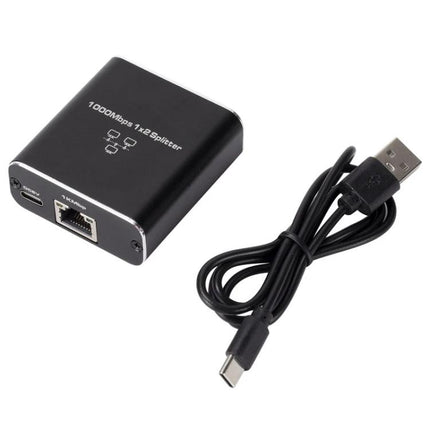 OZHW3 1 to 2 RJ45 Ethernet Splitter for Network Sharing black compact 1-to-2 RJ45 splitter with USB-C power cable on white background