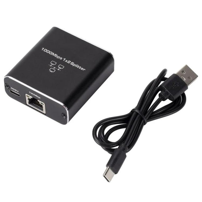 OZHW3 1 to 2 RJ45 Ethernet Splitter for Network Sharing black compact 1-to-2 RJ45 splitter with USB-C power cable on white background
