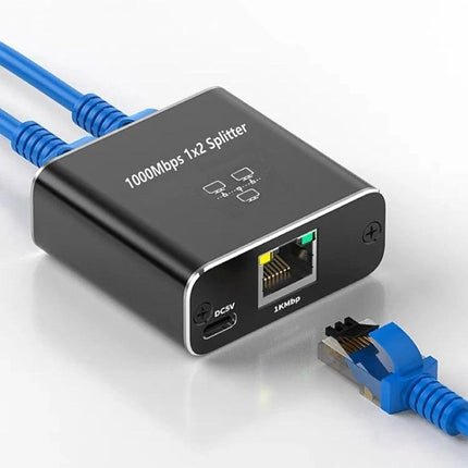 OZHW3 1 to 2 RJ45 Ethernet Splitter for Network Sharing compact 1000Mbps black inline splitter with blue Ethernet cables