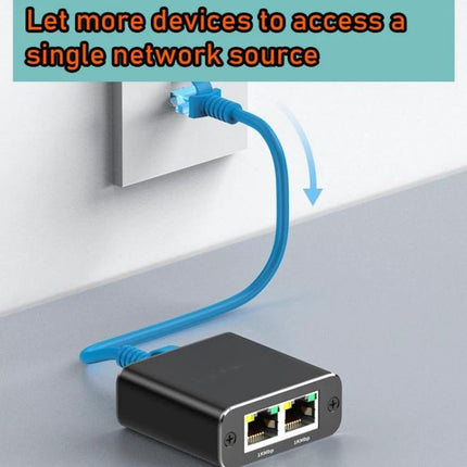 OZHW3 1 to 2 RJ45 Ethernet Splitter for Network Sharing black splitter with blue cable connecting wall jack to two RJ45 ports