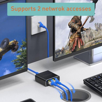 OZHW3 1 to 2 RJ45 Ethernet Splitter for Network Sharing connected to two monitors and a single wall Ethernet port for home office or gaming