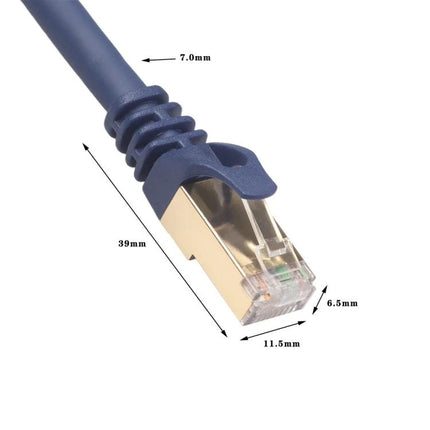 7.6 Meter Flat CAT8 Ethernet Cable for Home Networks – blue slim flat RJ45 connector close-up with measurements